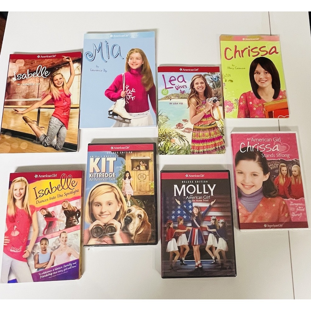 American Girl Book and DVD Lot Isabelle Mia Lea Kit Molly Chrissa 8pc Set